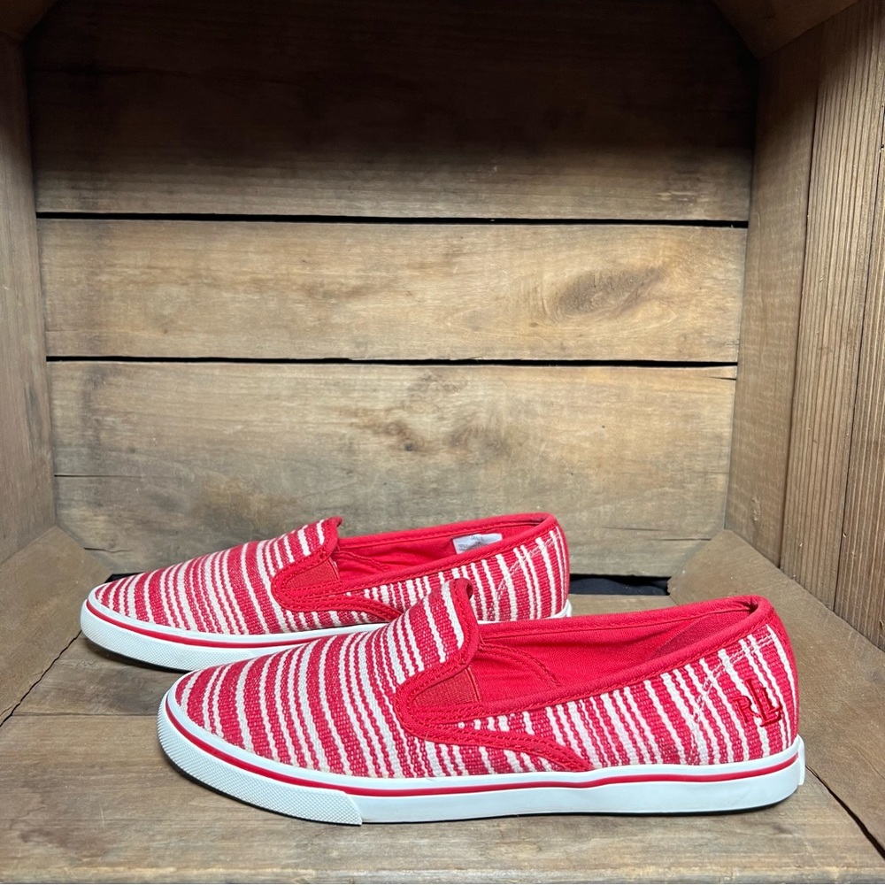 Ralph Lauren Janis Slip On Red/White Striped Shoes Womens 7B